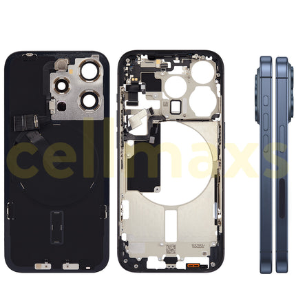 Cellmaxs For iPhone 15 Pro Back Housing Cover Frame Glass Replacement With Wireless Charging Power Volume Flex Camera Lens Button Keys Sim Card Tray