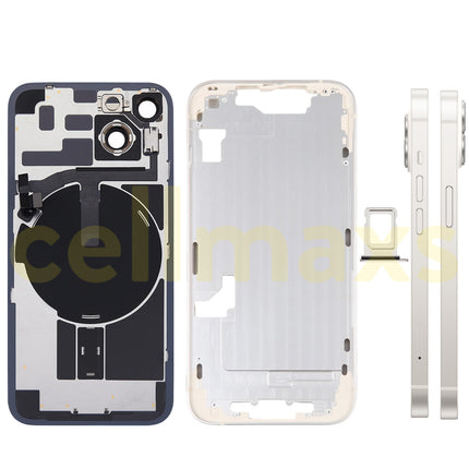 Cellmaxs For iPhone 14 Back Housing Cover Frame Glass Replacement With Wireless Charging Power Volume Flex Camera Lens Button Keys Sim Card Tray