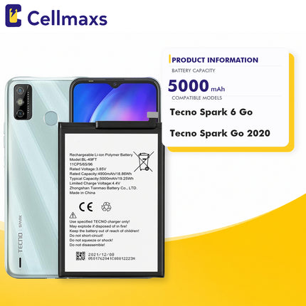 Cellmaxs Battery BL-49FT For Tecno Spark 5 Pro 6 Go 2020 KE5 KD7S KE5S KE5j KE5k 5000mAh Battery Replacement With Tools Adhesive