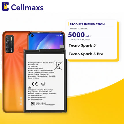 Cellmaxs Battery BL-49FT For Tecno Spark 5 Pro 6 Go 2020 KE5 KD7S KE5S KE5j KE5k 5000mAh Battery Replacement With Tools Adhesive
