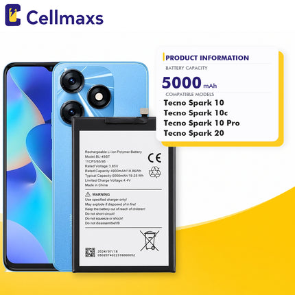 Cellmaxs Battery BL-49ST For Tecno Spark 10 10C Pro 20 KJ5 KI7 KI5q KI5k 5000mAh Battery Replacement With Tools Adhesive