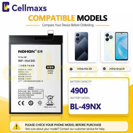 Nohon Battery BL-49NX For Infinix Smart 7 HD 8 Hot 30i X6515 X6516 X6525 X669 4900mAh Battery Replacement With Tools Adhesive