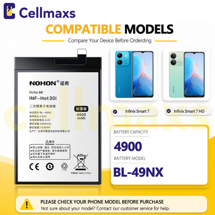 Nohon Battery BL-49NX For Infinix Smart 7 HD 8 Hot 30i X6515 X6516 X6525 X669 4900mAh Battery Replacement With Tools Adhesive