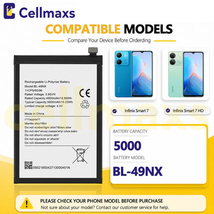 Cellmaxs Battery BL-49NX For Infinix Smart 7 HD 8 Hot 30i X6515 X6516 X6525 X669 5000mAh Battery Replacement With Tools Adhesive