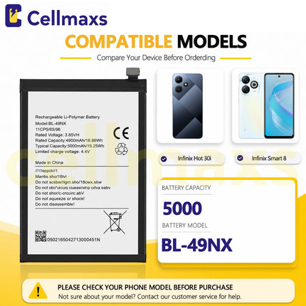 Cellmaxs Battery BL-49NX For Infinix Smart 7 HD 8 Hot 30i X6515 X6516 X6525 X669 5000mAh Battery Replacement With Tools Adhesive