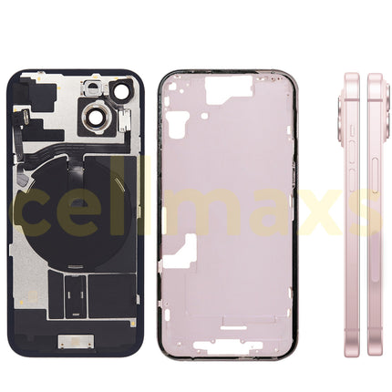 Cellmaxs For iPhone 15 Back Housing Cover Frame Glass Replacement With Wireless Charging Power Volume Flex Camera Lens Button Keys Sim Card Tray