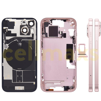 Cellmaxs For iPhone 15 Back Housing Cover Frame Glass Replacement With Wireless Charging Power Volume Flex Camera Lens Button Keys Sim Card Tray