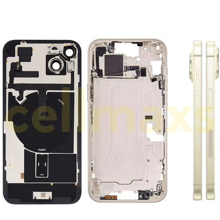 Cellmaxs For iPhone 15 Plus Back Housing Cover Frame Glass Replacement With Wireless Charging Power Volume Flex Camera Lens Button Keys Sim Card Tray