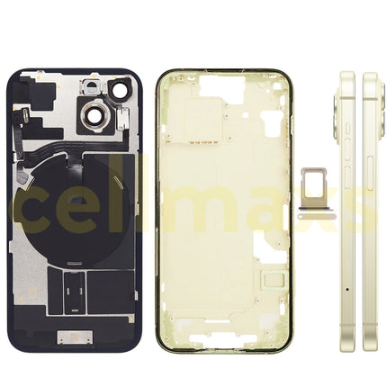 Cellmaxs For iPhone 15 Back Housing Cover Frame Glass Replacement With Wireless Charging Power Volume Flex Camera Lens Button Keys Sim Card Tray