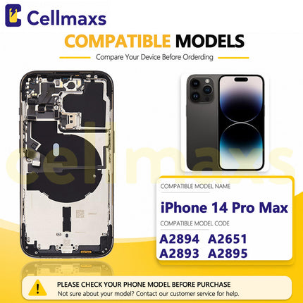 Cellmaxs For iPhone 14 Pro Max Back Housing Cover Replacement With Wireless Charging Power Volume Flex Camera Lens Button Keys Sim Card Tray Free Tools