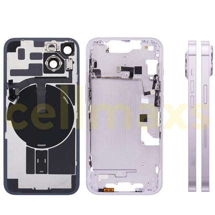 Cellmaxs For iPhone 14 Back Housing Cover Frame Glass Replacement With Wireless Charging Power Volume Flex Camera Lens Button Keys Sim Card Tray