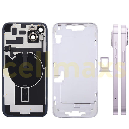 Cellmaxs For iPhone 14 Plus Back Housing Cover Frame Glass Replacement With Wireless Charging Power Volume Flex Camera Lens Button Keys Sim Card Tray