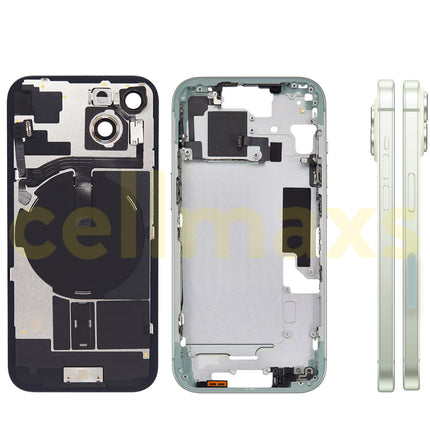 Cellmaxs For iPhone 15 Back Housing Cover Frame Glass Replacement With Wireless Charging Power Volume Flex Camera Lens Button Keys Sim Card Tray