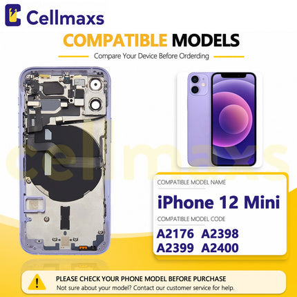 Cellmaxs For iPhone 12 Mini Back Housing Cover Replacement With Wireless Charging Power Volume Flex Camera Lens Button Keys Sim Card Tray Free Tools