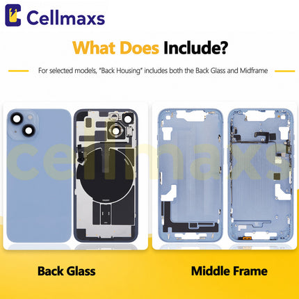 Cellmaxs For iPhone 14 Plus Back Housing Cover Frame Glass Replacement With Wireless Charging Power Volume Flex Camera Lens Button Keys Sim Card Tray