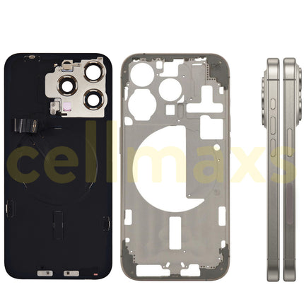 Cellmaxs For iPhone 15 Pro Max Back Housing Cover Frame Glass Replacement With Wireless Charging Power Volume Flex Camera Lens Button Keys Sim Card Tray