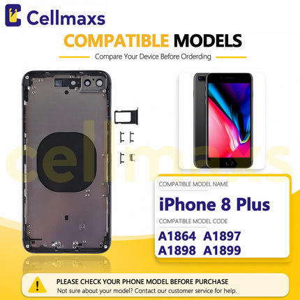Cellmaxs For iPhone 8 Plus Back Housing Cover Replacement With Wireless Charging Power Volume Flex Camera Lens Button Keys Sim Card Tray Free Tools