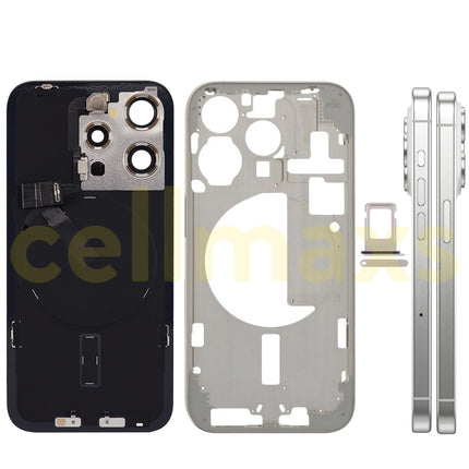 Cellmaxs For iPhone 15 Pro Back Housing Cover Frame Glass Replacement With Wireless Charging Power Volume Flex Camera Lens Button Keys Sim Card Tray