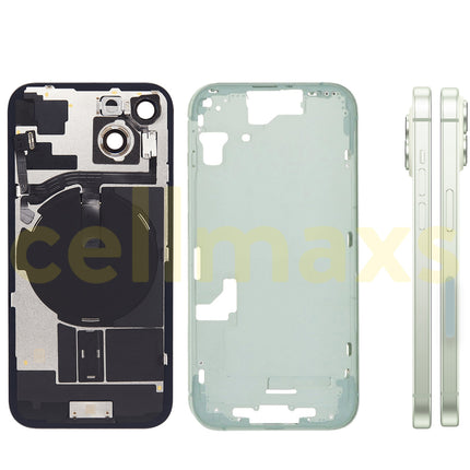 Cellmaxs For iPhone 15 Back Housing Cover Frame Glass Replacement With Wireless Charging Power Volume Flex Camera Lens Button Keys Sim Card Tray