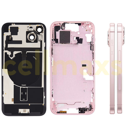 Cellmaxs For iPhone 15 Plus Back Housing Cover Frame Glass Replacement With Wireless Charging Power Volume Flex Camera Lens Button Keys Sim Card Tray
