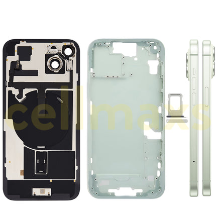 Cellmaxs For iPhone 15 Plus Back Housing Cover Frame Glass Replacement With Wireless Charging Power Volume Flex Camera Lens Button Keys Sim Card Tray