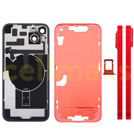 Cellmaxs For iPhone 14 Plus Back Housing Cover Frame Glass Replacement With Wireless Charging Power Volume Flex Camera Lens Button Keys Sim Card Tray