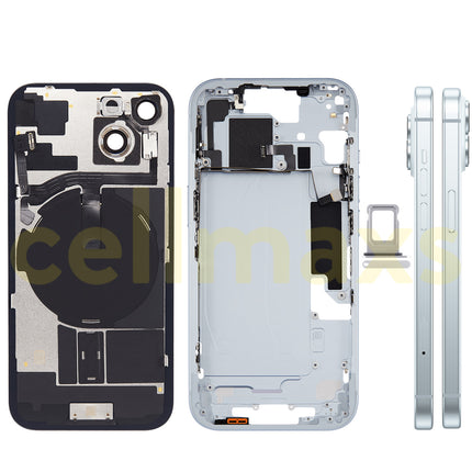 Cellmaxs For iPhone 15 Back Housing Cover Frame Glass Replacement With Wireless Charging Power Volume Flex Camera Lens Button Keys Sim Card Tray