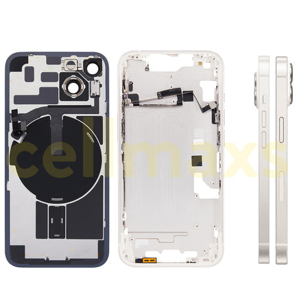 Cellmaxs For iPhone 14 Back Housing Cover Frame Glass Replacement With Wireless Charging Power Volume Flex Camera Lens Button Keys Sim Card Tray