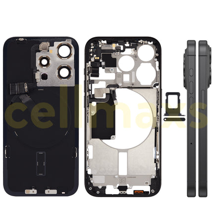 Cellmaxs For iPhone 15 Pro Back Housing Cover Frame Glass Replacement With Wireless Charging Power Volume Flex Camera Lens Button Keys Sim Card Tray