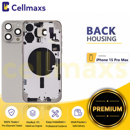 Cellmaxs For iPhone 15 Pro Max Back Housing Cover Frame Glass Replacement With Wireless Charging Power Volume Flex Camera Lens Button Keys Sim Card Tray
