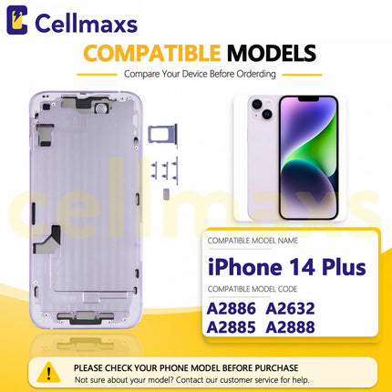 Cellmaxs For iPhone 14 Plus Back Housing Cover Frame Glass Replacement With Wireless Charging Power Volume Flex Camera Lens Button Keys Sim Card Tray