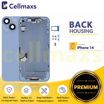Cellmaxs For iPhone 14 Back Housing Cover Frame Glass Replacement With Wireless Charging Power Volume Flex Camera Lens Button Keys Sim Card Tray