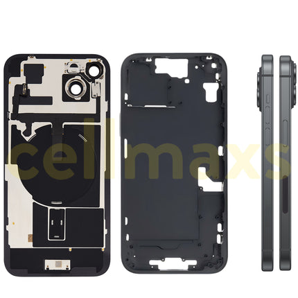 Cellmaxs For iPhone 15 Plus Back Housing Cover Frame Glass Replacement With Wireless Charging Power Volume Flex Camera Lens Button Keys Sim Card Tray