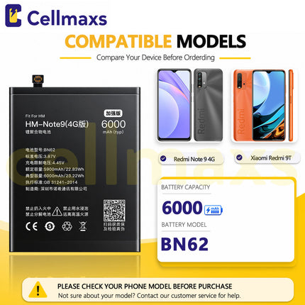 Nohon Battery BN62 6000mAh For Xiaomi Poco M3 Redmi Note 9 4G 9T M2010J19CG M2010J19SC M2010J19SG M2010J19SY Battery Replacement With Tools Adhesive