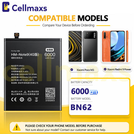 Nohon Battery BN62 6000mAh For Xiaomi Poco M3 Redmi Note 9 4G 9T M2010J19CG M2010J19SC M2010J19SG M2010J19SY Battery Replacement With Tools Adhesive
