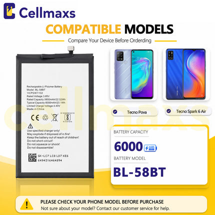 Cellmaxs Battery BL-58BT 6000mAh For Tecno Spark 6 Air Pouvoir 4 Pro Pova KE6 KF6 LC7 LD7 Battery Replacement With Tools Adhesive