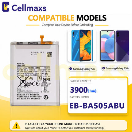 Cellmaxs Battery EB-BA505ABU 4000mAh For Samsung Galaxy A20 A30 A30s A50 A50s A205 A305 A505 A507 Battery Replacement With Tools Adhesive