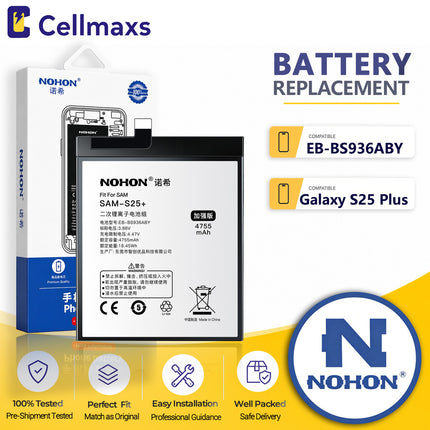 Nohon Battery EB-BS936ABY 4755mAh For Samsung Galaxy S25+ S25 Plus SM-S936B SM-S936B/DS SM-S936U Battery Replacement With Tools Adhesive