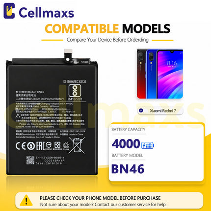 Cellmaxs Battery BN46 4000mAh For Xiaomi Redmi 7 Note 8 8T M1810F6LG M1810F6LH M1908C3JH M1908C3JG M1908C3XG Battery Replacement With Tools Adhesive