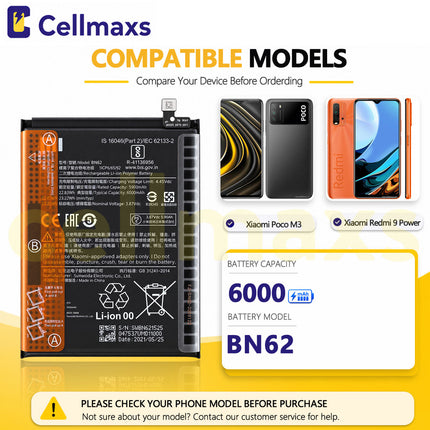 Cellmaxs Battery BN62 6000mAh For Xiaomi Poco M3 Redmi Note 9 4G 9T M2010J19CG M2010J19SC M2010J19SG M2010J19SY Battery Replacement With Tools Adhesive