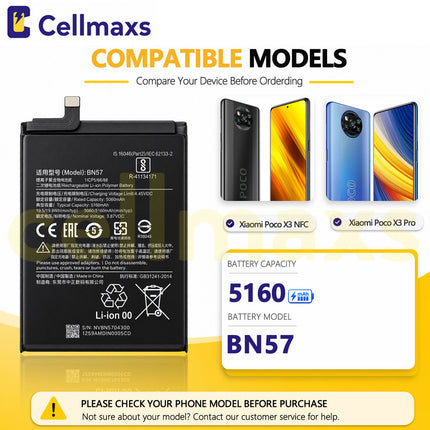 Cellmaxs Battery BN57 5160mAh For Xiaomi Poco X3 NFC Pro Battery Replacement With Tools Adhesive