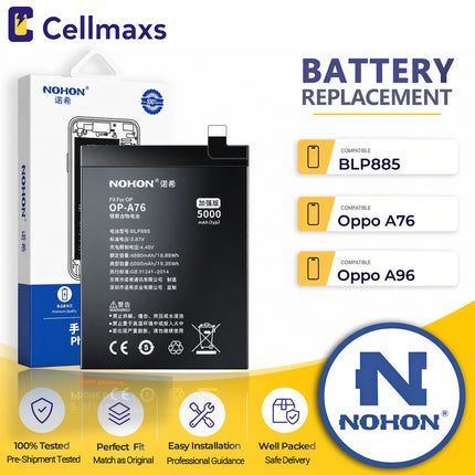 Nohon Battery BLP885 For Oppo A36 A76 A96 4G PESM10 CPH2375 CPH2333 5000mAh Battery Replacement With Tools Adhesive