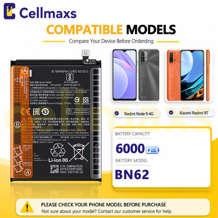 Cellmaxs Battery BN62 6000mAh For Xiaomi Poco M3 Redmi Note 9 4G 9T M2010J19CG M2010J19SC M2010J19SG M2010J19SY Battery Replacement With Tools Adhesive