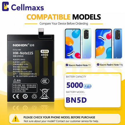 Nohon Battery BN5D 5000mAh For Xiaomi Poco M4 Pro Redmi Note 11 11s 4G 2201117TG 2201117SG 2201117PG Battery Replacement With Tools Adhesive
