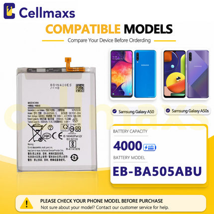 Cellmaxs Battery EB-BA505ABU 4000mAh For Samsung Galaxy A20 A30 A30s A50 A50s A205 A305 A505 A507 Battery Replacement With Tools Adhesive