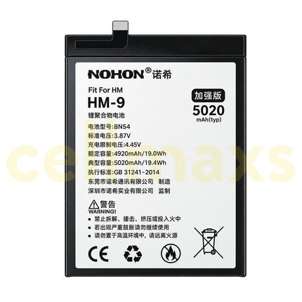 Nohon Battery BN54 5020mAh For Xiaomi Redmi Note 9 10X 4G M2003J15SC M2003J15SG M2003J15SS M2003J15SC Battery Replacement With Tools Adhesive