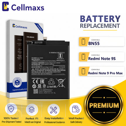 Cellmaxs Battery BN55 5020mAh For Xiaomi Redmi Note 9S 9 Pro Max M2003J6A1G M2003J6B1I Battery Replacement With Tools Adhesive