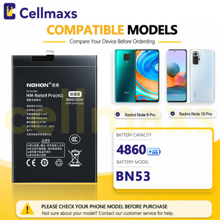 Nohon Battery BN53 4860mAh For Xiaomi Redmi Note 9 10 Pro 4G M2003J6B2G M2101K6G M2101K6R Battery Replacement With Tools Adhesive