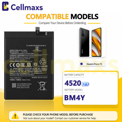 Cellmaxs Battery BM4Y 4520mAh For Xiaomi Redmi K40 Pro Poco F3 M2012K11AC M2012K11AG M2012K11C Battery Replacement With Tools Adhesive
