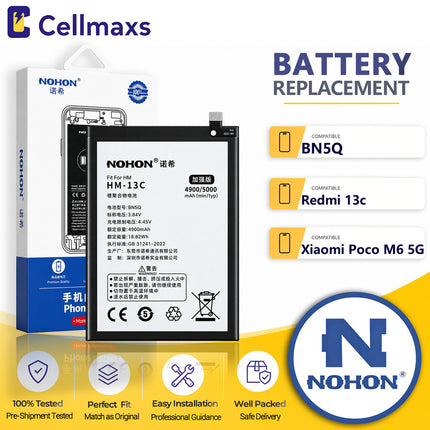 Nohon Battery BN5Q 4860mAh For Xiaomi Poco C65 M6 5G Redmi 13c 2310FPCA4G 23128PC33I 23100RN82L 23124RN87G Battery Replacement With Tools Adhesive